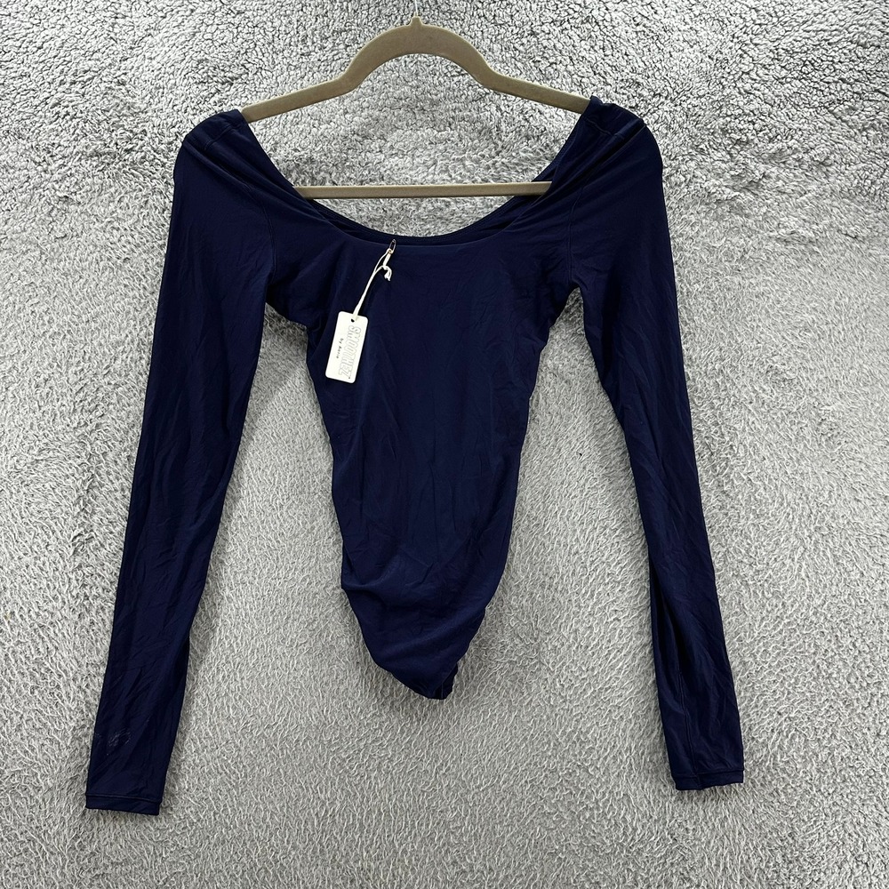 NWT Aerie Smoothez Small Navy Blue Long Sleeve Scoop Neck Thong Bodysuit